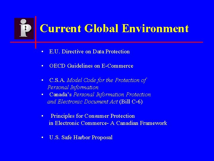 Current Global Environment • E. U. Directive on Data Protection • OECD Guidelines on