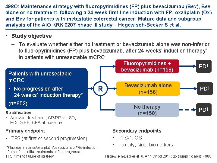 498 O: Maintenance strategy with fluoropyrimidines (FP) plus bevacizumab (Bev), Bev alone or no