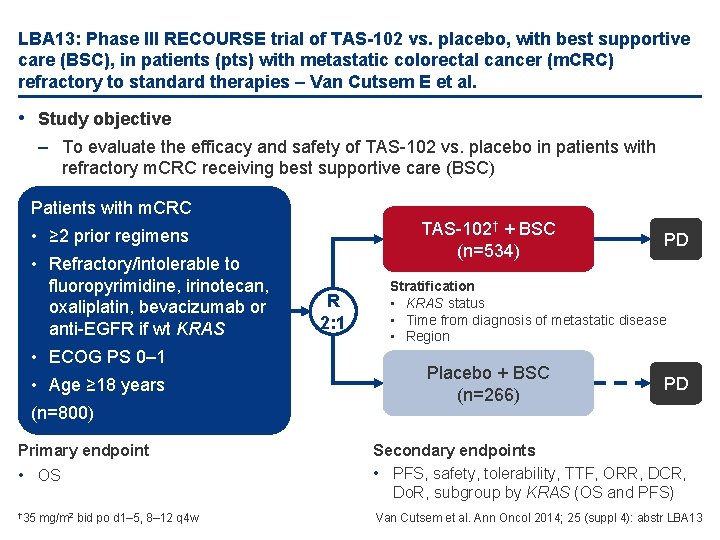 LBA 13: Phase III RECOURSE trial of TAS-102 vs. placebo, with best supportive care