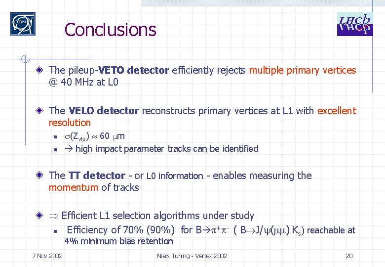 Conclusions The pileup-VETO detector efficiently rejects multiple primary vertices @ 40 MHz at L