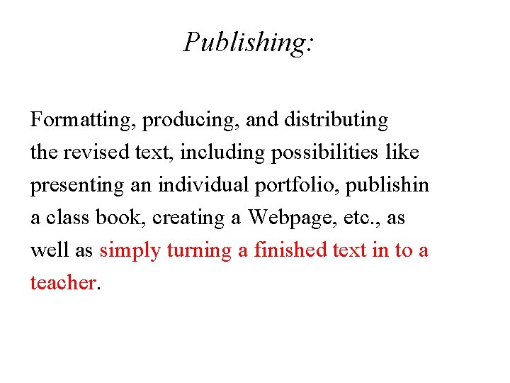 Publishing: Formatting, producing, and distributing the revised text, including possibilities like presenting an individual