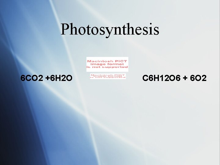 Photosynthesis 6 CO 2 +6 H 2 O C 6 H 12 O 6