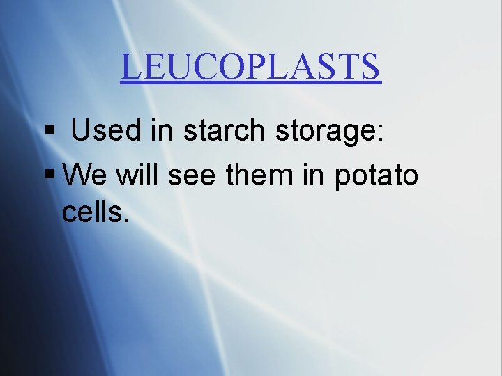 LEUCOPLASTS § Used in starch storage: § We will see them in potato cells.