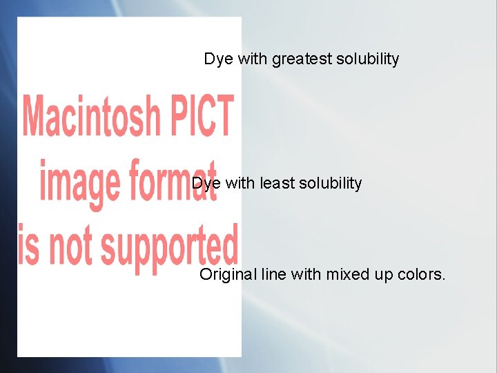 Dye with greatest solubility Dye with least solubility Original line with mixed up colors.