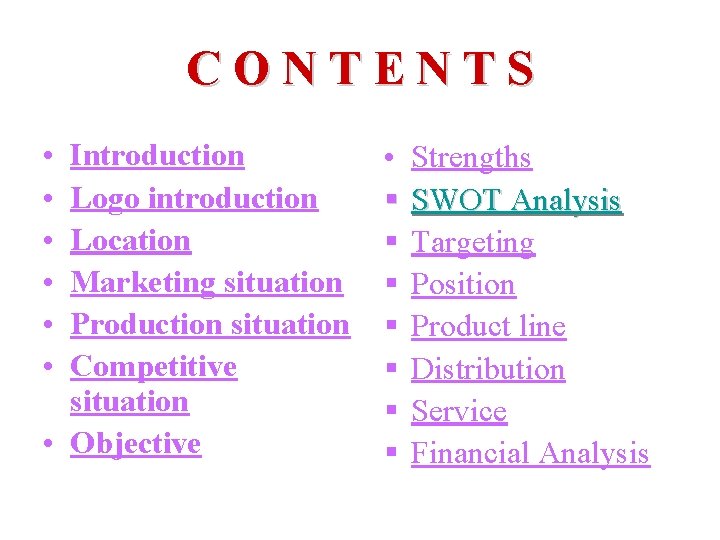 CONTENTS • • • Introduction Logo introduction Location Marketing situation Production situation Competitive situation CONTENTS • • • Introduction Logo introduction Location Marketing situation Production situation Competitive situation