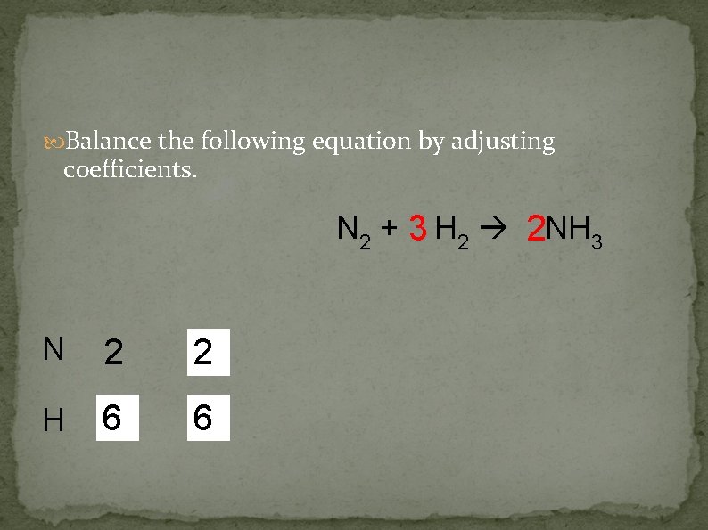  Balance the following equation by adjusting coefficients. N 2 + 3 H 2