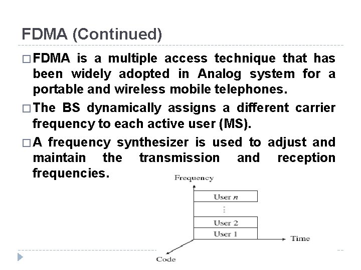 FDMA (Continued) � FDMA is a multiple access technique that has been widely adopted