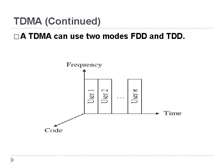 TDMA (Continued) �A TDMA can use two modes FDD and TDD. TDMA (Continued) �A TDMA can use two modes FDD and TDD.