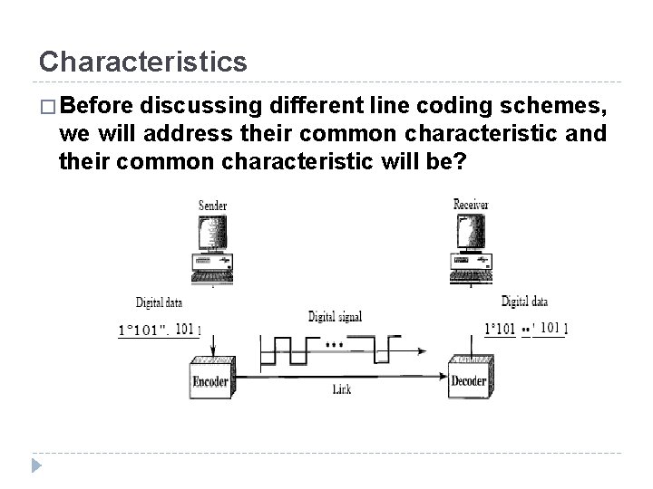 Characteristics � Before discussing different line coding schemes, we will address their common characteristic