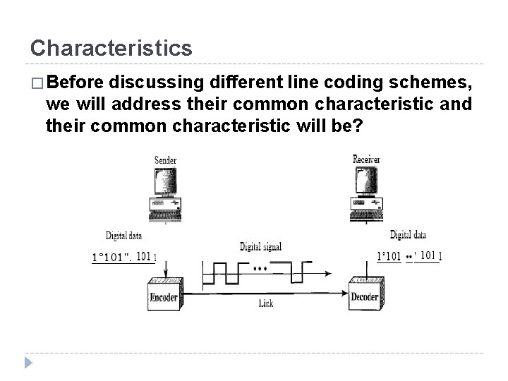 Characteristics � Before discussing different line coding schemes, we will address their common characteristic Characteristics � Before discussing different line coding schemes, we will address their common characteristic
