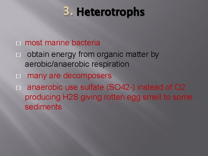 3. Heterotrophs � � most marine bacteria obtain energy from organic matter by aerobic/anaerobic