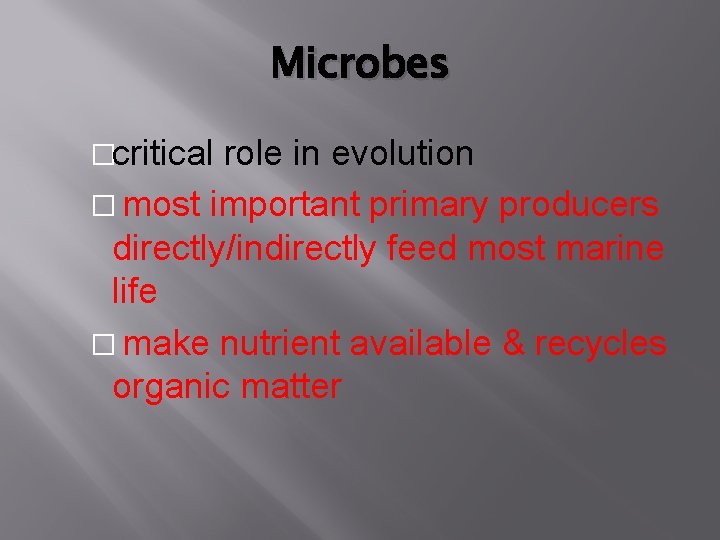 Microbes �critical role in evolution � most important primary producers directly/indirectly feed most marine