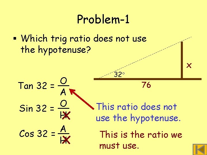 Problem-1 § Which trig ratio does not use the hypotenuse? O Tan 32 =
