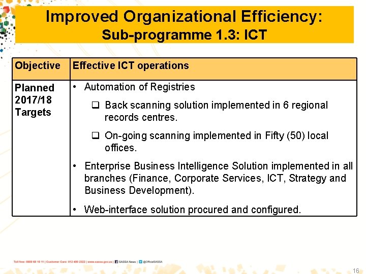 Improved Organizational Efficiency: Sub-programme 1. 3: ICT Objective Effective ICT operations Planned 2017/18 Targets