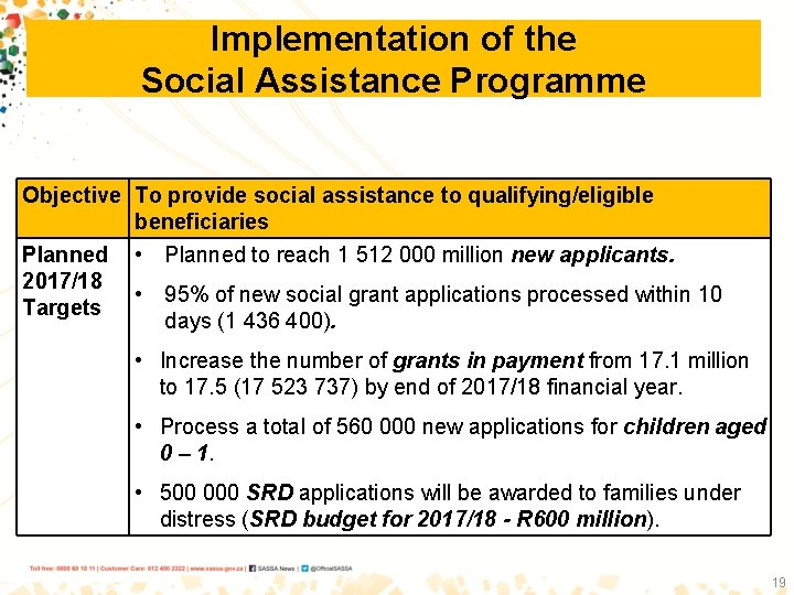 Implementation of the Social Assistance Programme Objective To provide social assistance to qualifying/eligible beneficiaries