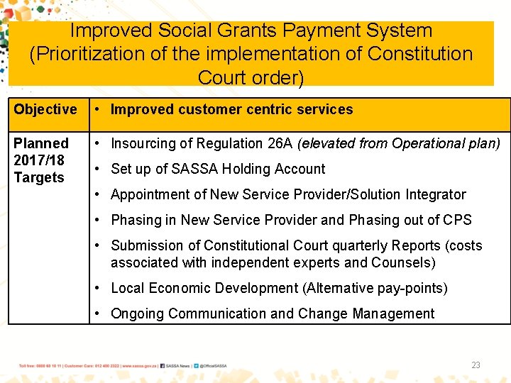 Improved Social Grants Payment System (Prioritization of the implementation of Constitution Court order) Objective