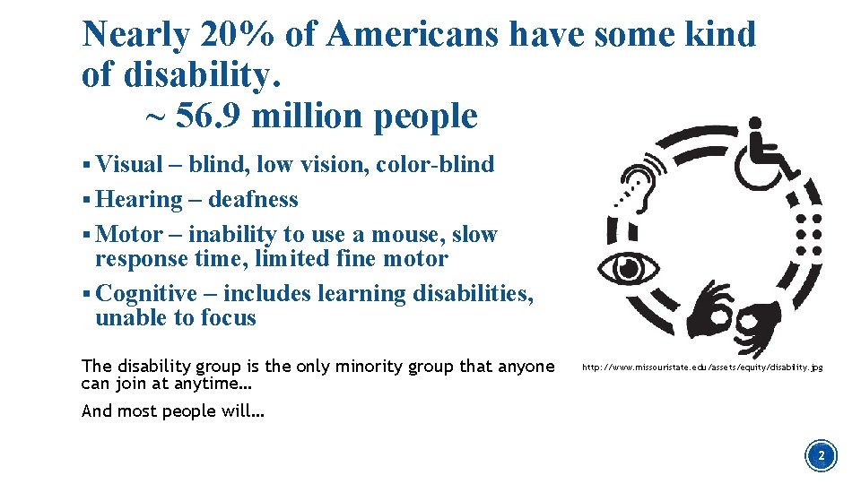 Nearly 20% of Americans have some kind of disability. ~ 56. 9 million people