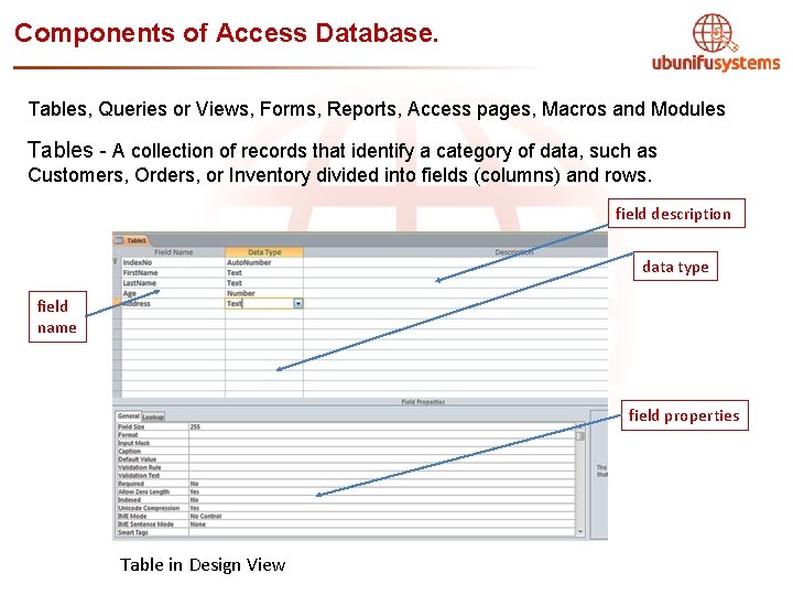 Components of Access Database. Tables, Queries or Views, Forms, Reports, Access pages, Macros and