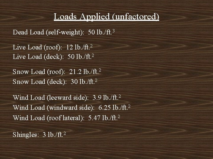 Loads Applied (unfactored) Dead Load (self-weight): 50 lb. /ft. 3 Live Load (roof): 12