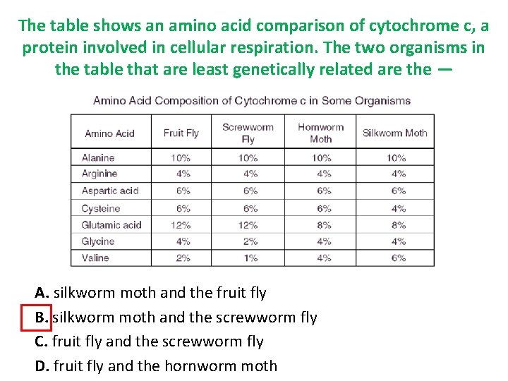 The table shows an amino acid comparison of cytochrome c, a protein involved in