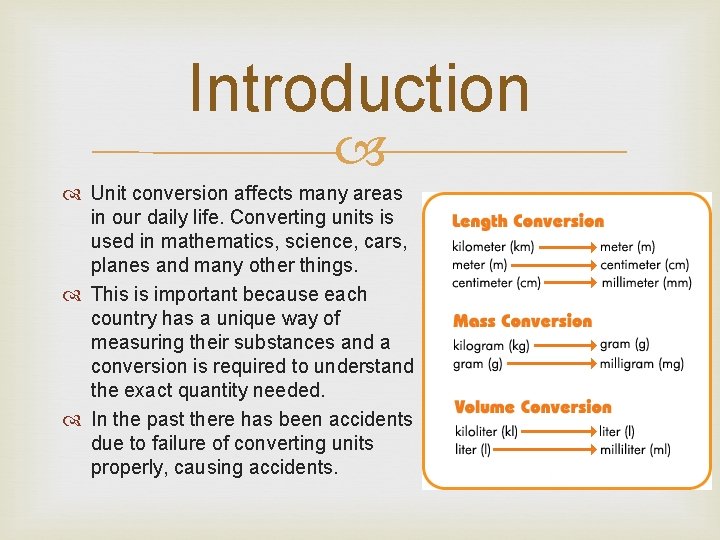 Introduction Unit conversion affects many areas in our daily life. Converting units is used Introduction Unit conversion affects many areas in our daily life. Converting units is used