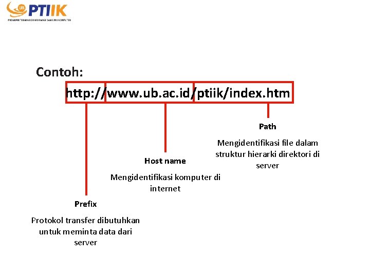 Contoh: http: //www. ub. ac. id/ptiik/index. htm Path Mengidentifikasi file dalam struktur hierarki direktori