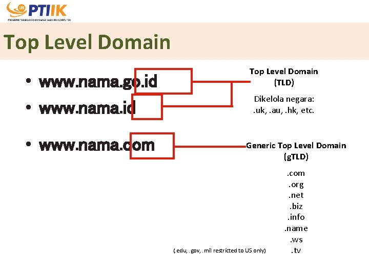 Top Level Domain • www. nama. go. id • www. nama. com Top Level