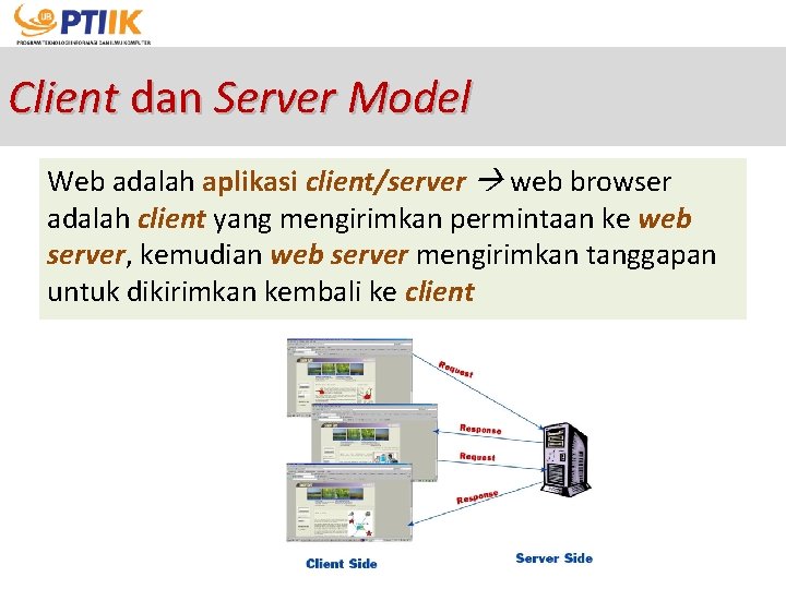 Client dan Server Model Web adalah aplikasi client/server web browser adalah client yang mengirimkan