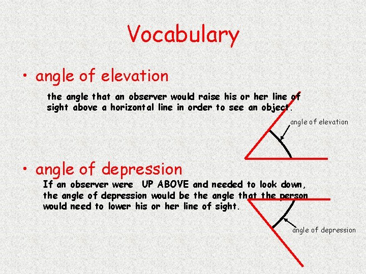 Vocabulary • angle of elevation the angle that an observer would raise his or