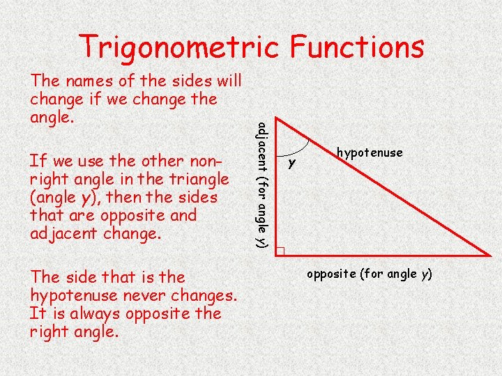Trigonometric Functions If we use the other nonright angle in the triangle (angle y),