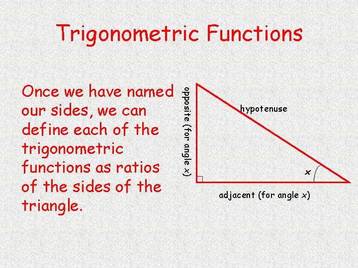 Trigonometric Functions opposite (for angle x) Once we have named our sides, we can
