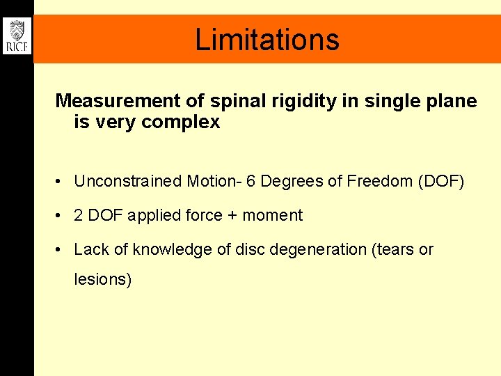 Limitations Measurement of spinal rigidity in single plane is very complex • Unconstrained Motion-