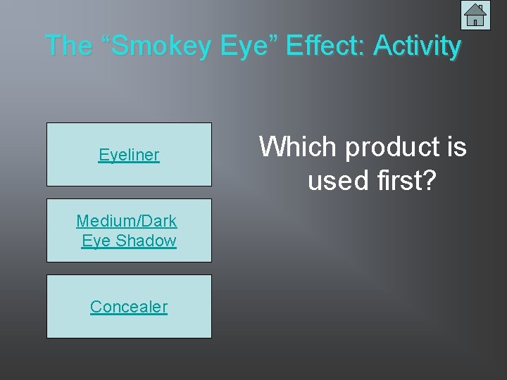 The “Smokey Eye” Effect: Activity Eyeliner Medium/Dark Eye Shadow Concealer Which product is used