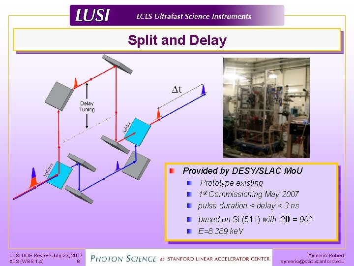 Split and Delay Provided by DESY/SLAC Mo. U Prototype existing 1 st Commissioning May