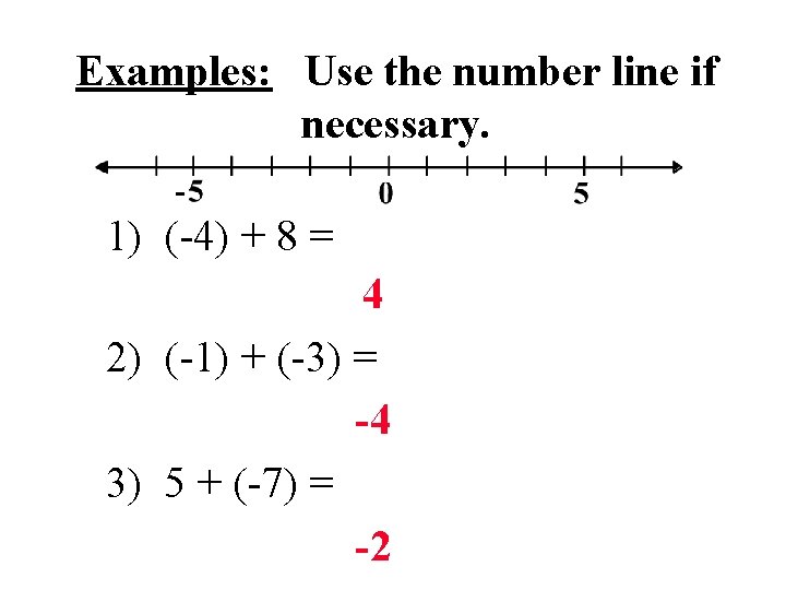 Examples: Use the number line if necessary. 1) (-4) + 8 = 4 2)