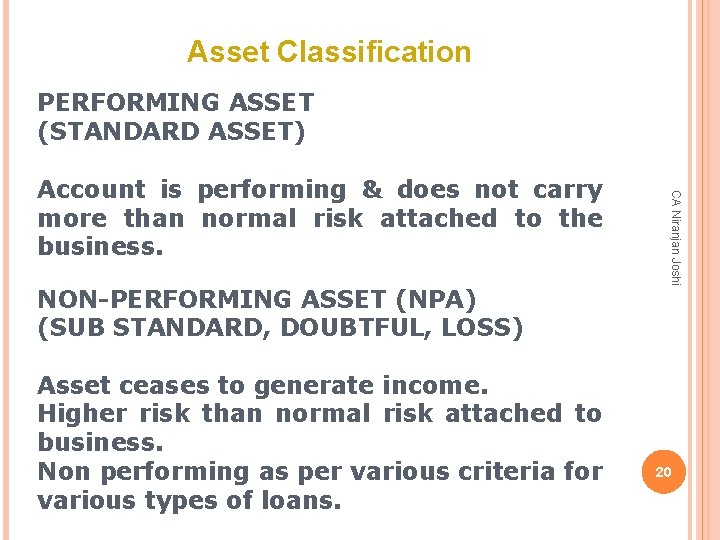 Asset Classification PERFORMING ASSET (STANDARD ASSET) NON-PERFORMING ASSET (NPA) (SUB STANDARD, DOUBTFUL, LOSS) Asset