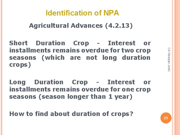 Identification of NPA Agricultural Advances (4. 2. 13) CA Niranjan Joshi Short Duration Crop