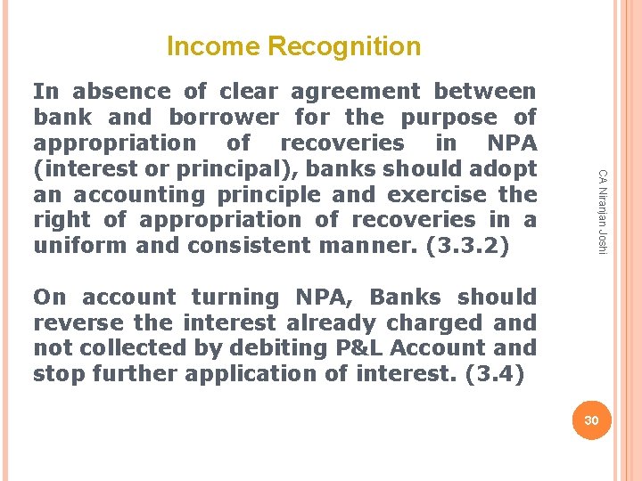 Income Recognition CA Niranjan Joshi In absence of clear agreement between bank and borrower