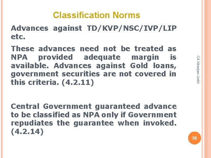Classification Norms Advances against TD/KVP/NSC/IVP/LIP etc. CA Niranjan Joshi These advances need not be