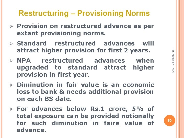 Restructuring – Provisioning Norms Provision on restructured advance as per extant provisioning norms. Ø
