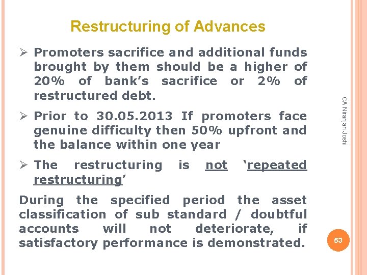 Restructuring of Advances Ø Prior to 30. 05. 2013 If promoters face genuine difficulty
