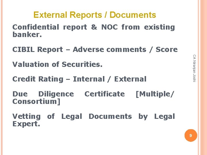 External Reports / Documents Confidential report & NOC from existing banker. CIBIL Report –