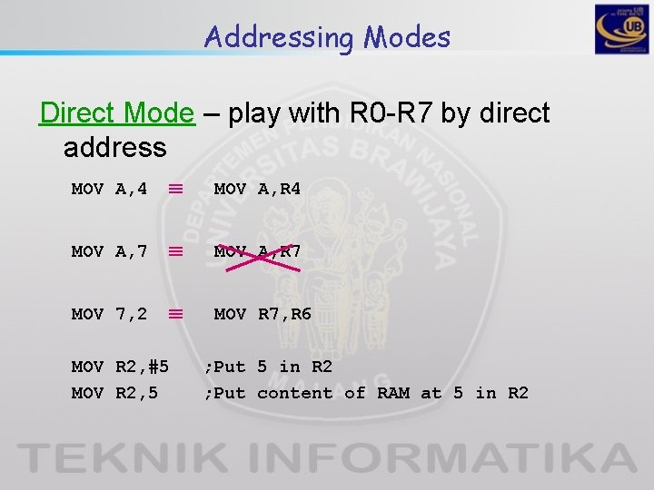 Addressing Modes Direct Mode – play with R 0 -R 7 by direct address