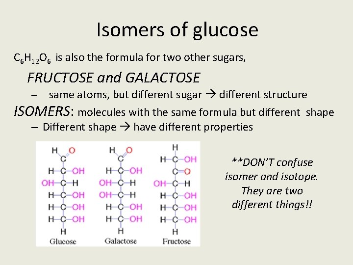 Isomers of glucose C 6 H 12 O 6 is also the formula for