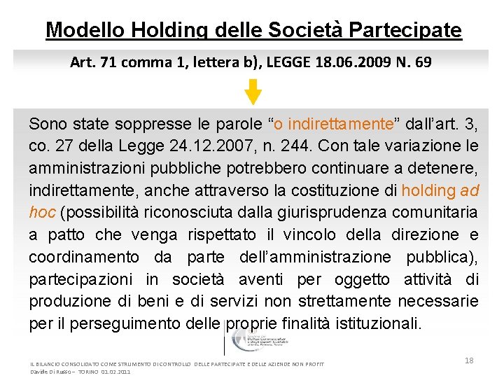 Modello Holding delle Società Partecipate Art. 71 comma 1, lettera b), LEGGE 18. 06.