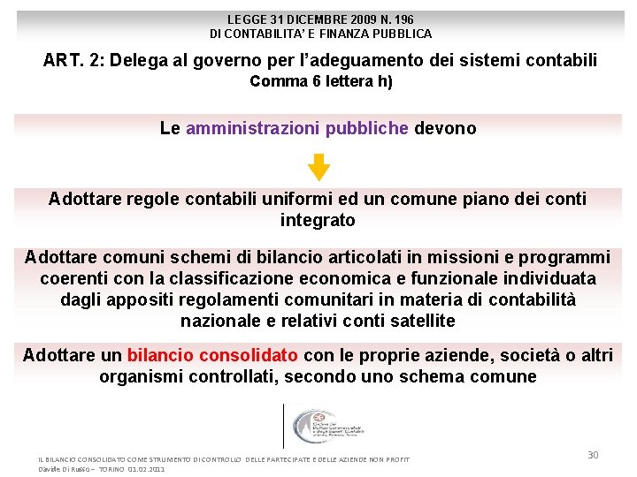 LEGGE 31 DICEMBRE 2009 N. 196 DI CONTABILITA’ E FINANZA PUBBLICA ART. 2: Delega