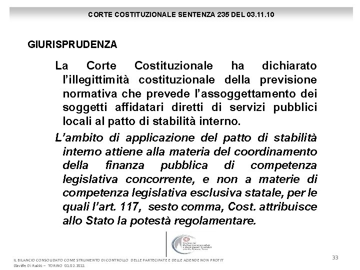 CORTE COSTITUZIONALE SENTENZA 235 DEL 03. 11. 10 GIURISPRUDENZA La Corte Costituzionale ha dichiarato