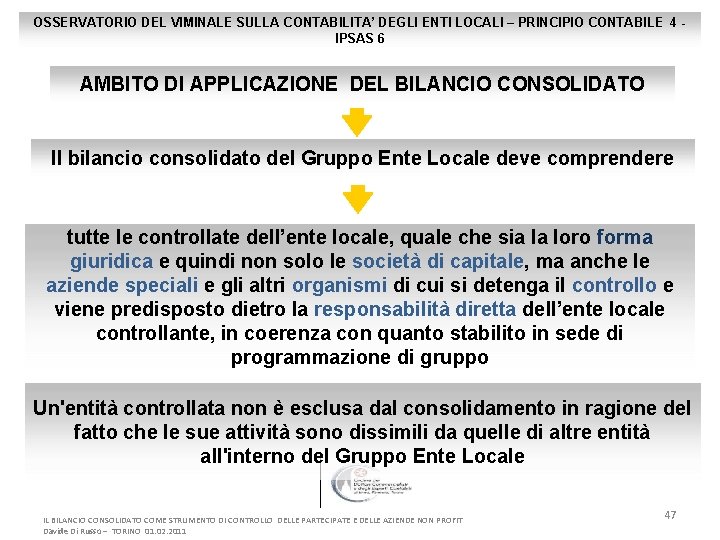 OSSERVATORIO DEL VIMINALE SULLA CONTABILITA’ DEGLI ENTI LOCALI – PRINCIPIO CONTABILE 4 IPSAS 6