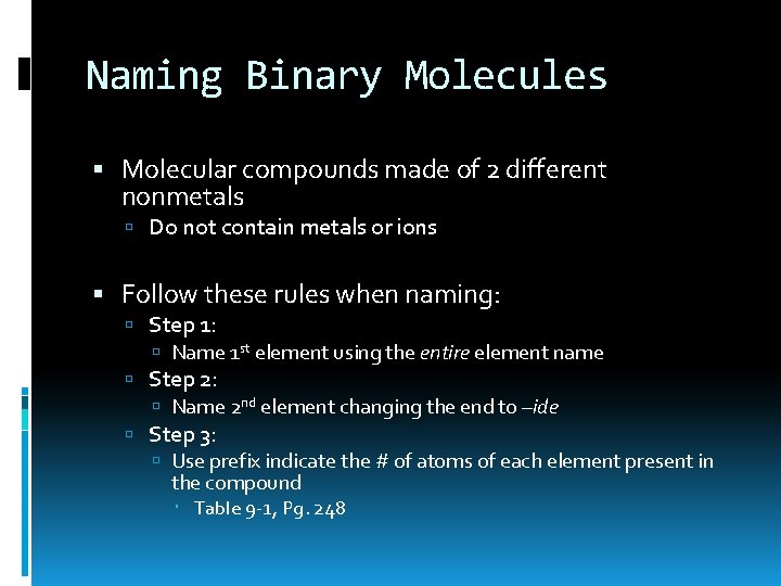 Naming Binary Molecules Molecular compounds made of 2 different nonmetals Do not contain metals