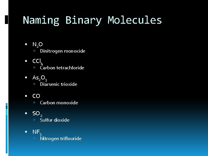 Naming Binary Molecules N 2 O Dinitrogen monoxide CCl 4 Carbon tetrachloride As 2